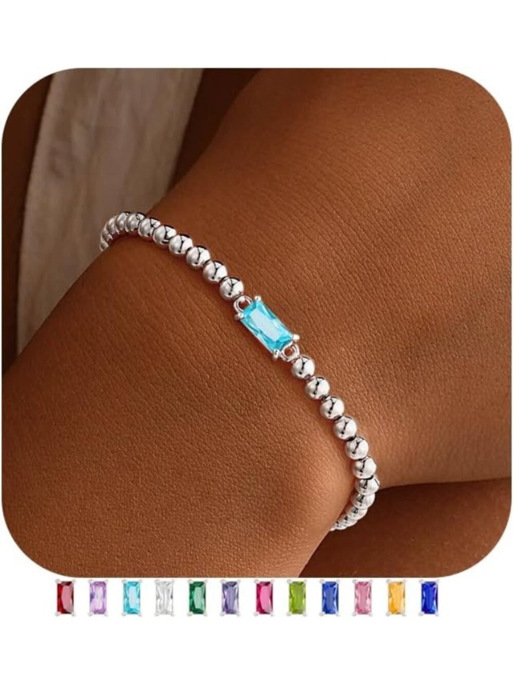 Women's Light Blue Silver Plated Birthstone Beaded Bracelet Dainty Jewelry Gift
